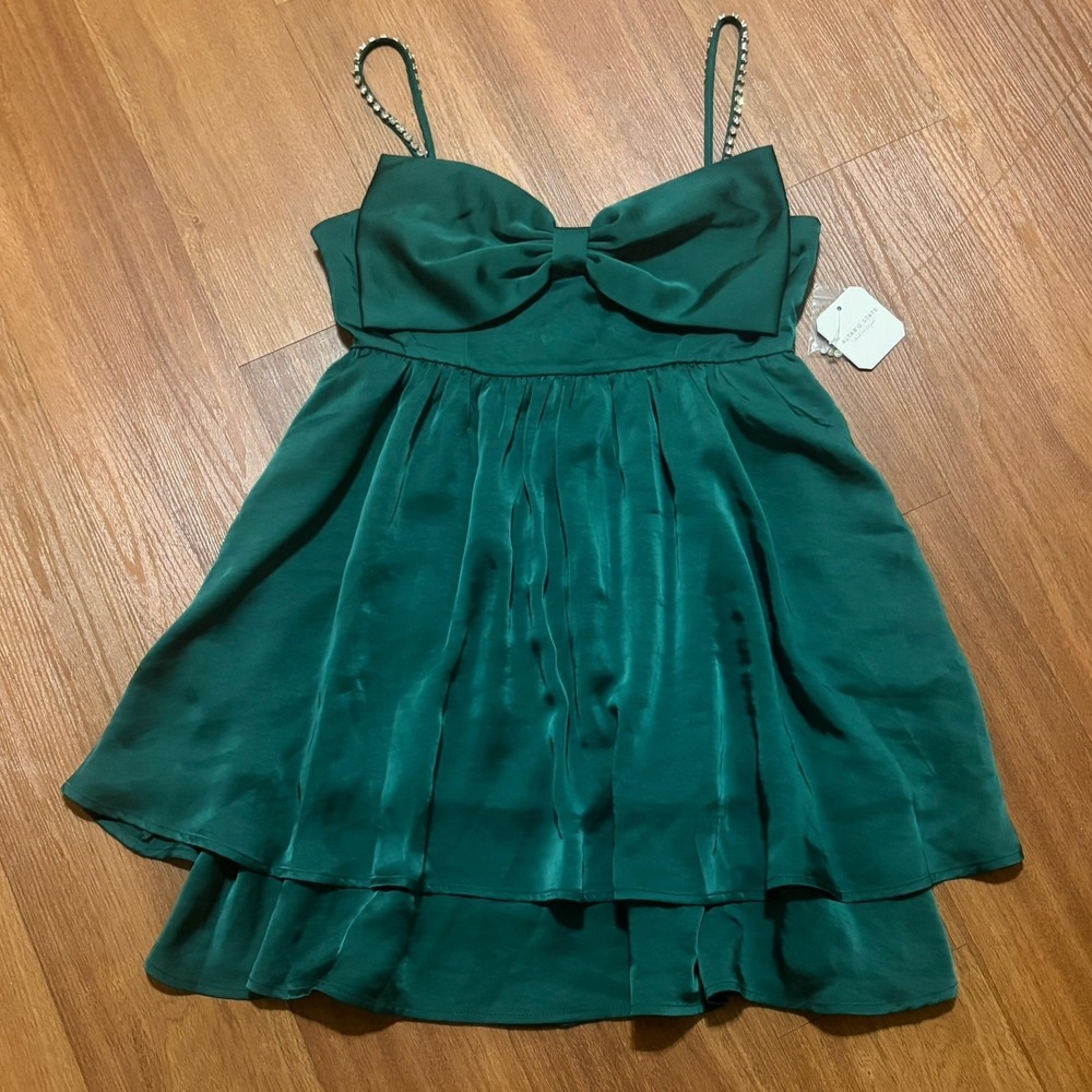 NWT Altar'd State Stassia Bow Dress Emerald Green Satin Style Mini Size Medium